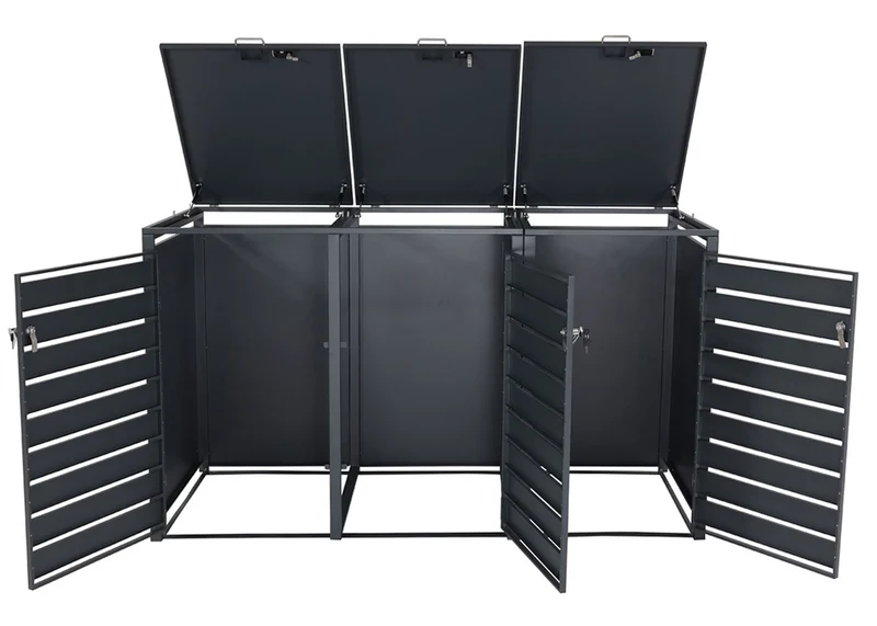 Cache-poubelles triple en acier anthracite avec aspect bois clair pour bacs 80–240 L couvercle Soft-Close 04_0010466