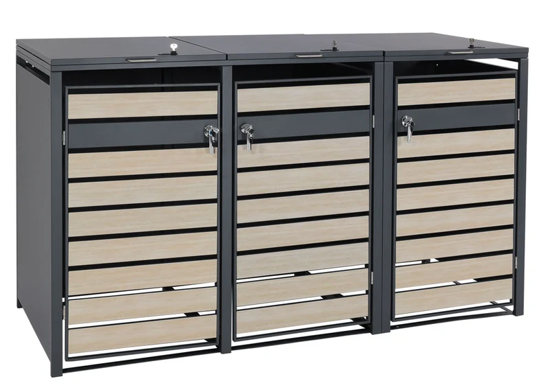 Cache-poubelles triple en acier anthracite avec aspect bois clair pour bacs 80–240 L couvercle Soft-Close 04_0010466