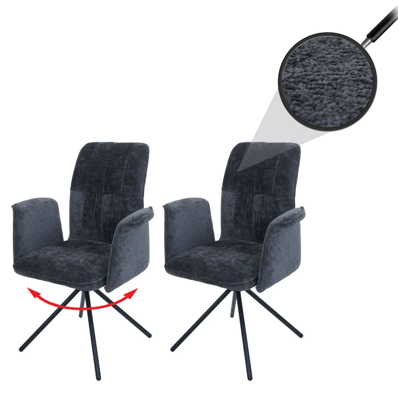 Lot de 2 chaises de salle à manger pivotantes avec accoudoirs rotation 180° Auto-Return en chenille gris foncé structure métal 04_0009709