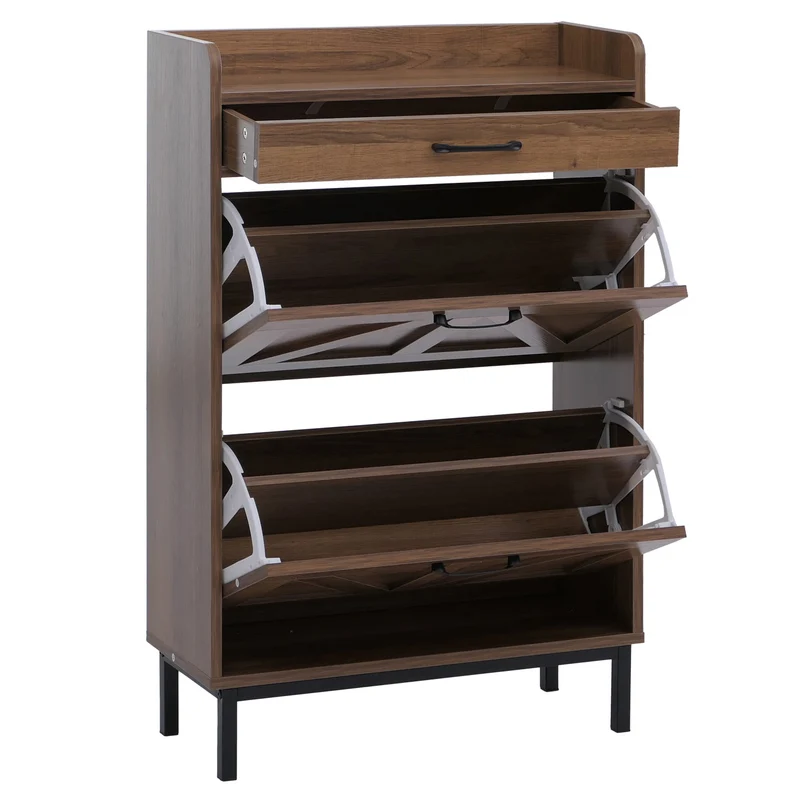Meuble à chaussures basculant 2 compartiments abattants 1 tiroir 95x60x24 cm en MDF mélaminé marron 04_0008857