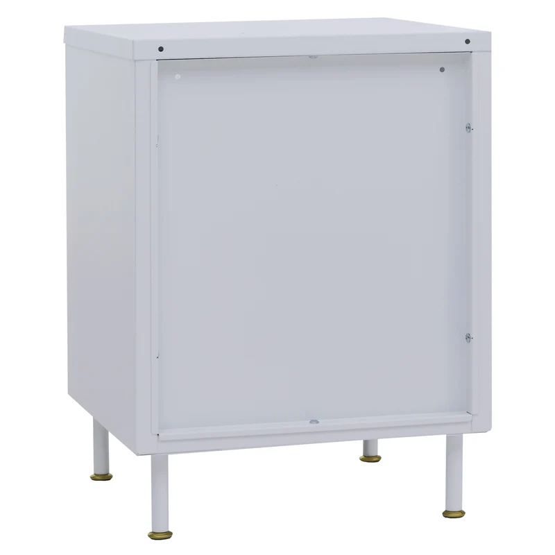 Table de chevet 2 compartiments de rangement style industriel 55x41x41 cm avec poignées dorées en métal blanc et verre structuré 04_0008859