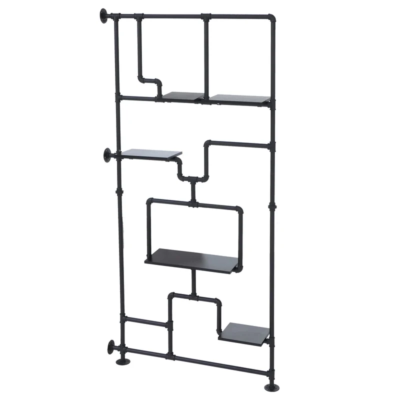 Étagère séparateur de pièce style industriel 203 cm avec 5 niveaux en métal et bois mélaminé noir 04_0008763