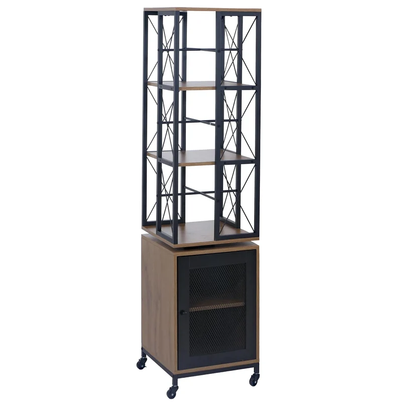 Bibliothèque étagère pivotante rotation 360° avec porte sur roulettes style industriel 162x40x42 cm en métal et MDF marron clair 04_0008777