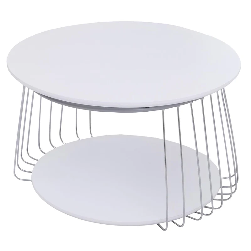 Table basse ronde Ø 70 cm avec double plateau structure métal chromé et MDF blanc 04_0008791