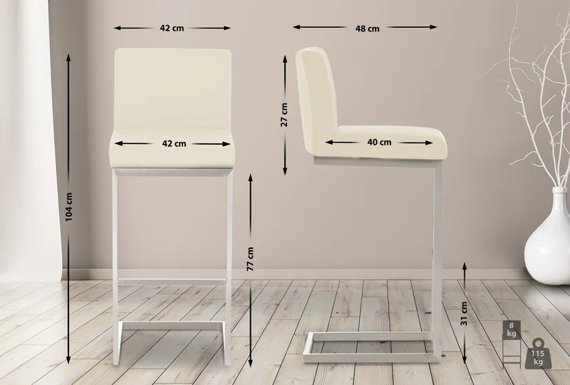 Tabouret de bar x1 design moderne support en acier inoxydable assise en PVC crème 10_0005319