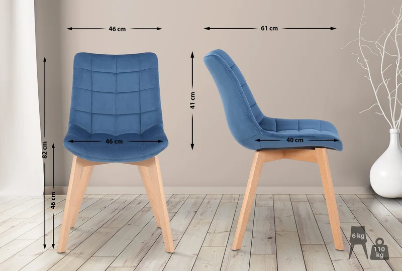 Chaise de salle à manger x1 rembourrage généreux en velours bleu piètement en bois 10_0002080