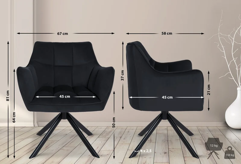Chaise de salle à manger lounge bureau pivotante avec revêtement en velours noir pieds en acier noir BUR10668
