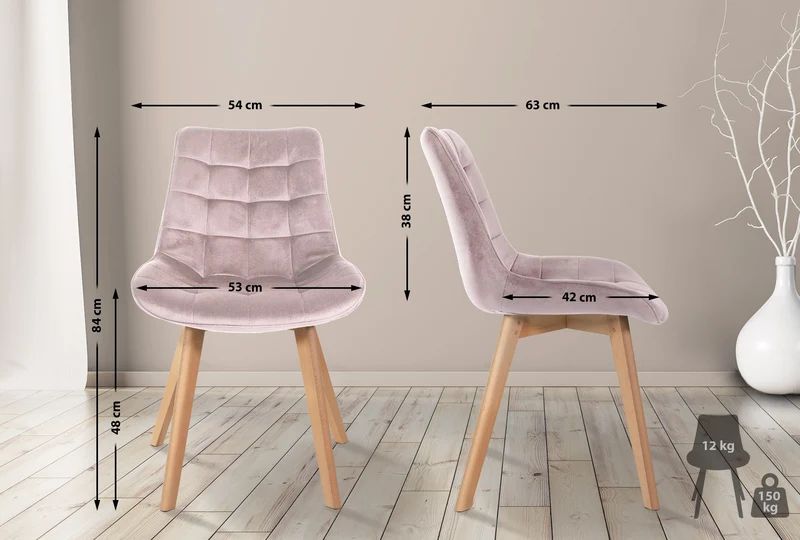Lot de 2 chaises de salle à manger design scandinave coutures carrées en velours rose pieds en bois clair 10_0001682