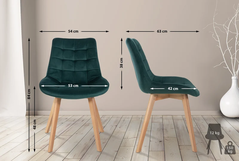 Lot de 2 chaises de salle à manger design scandinave coutures carrées en velours vert pieds en bois clair 10_0007324