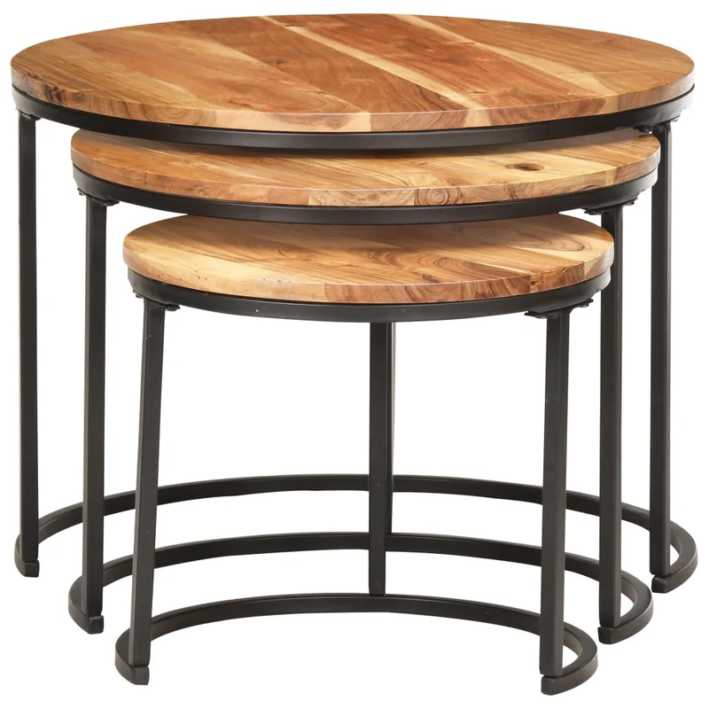 Ensemble de trois tables gigognes en bois d'acacia et fer DEC031322