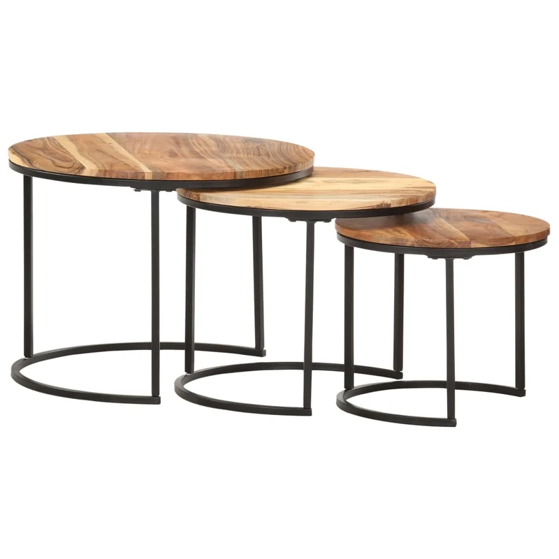 Ensemble de trois tables gigognes en bois d'acacia et fer DEC031322