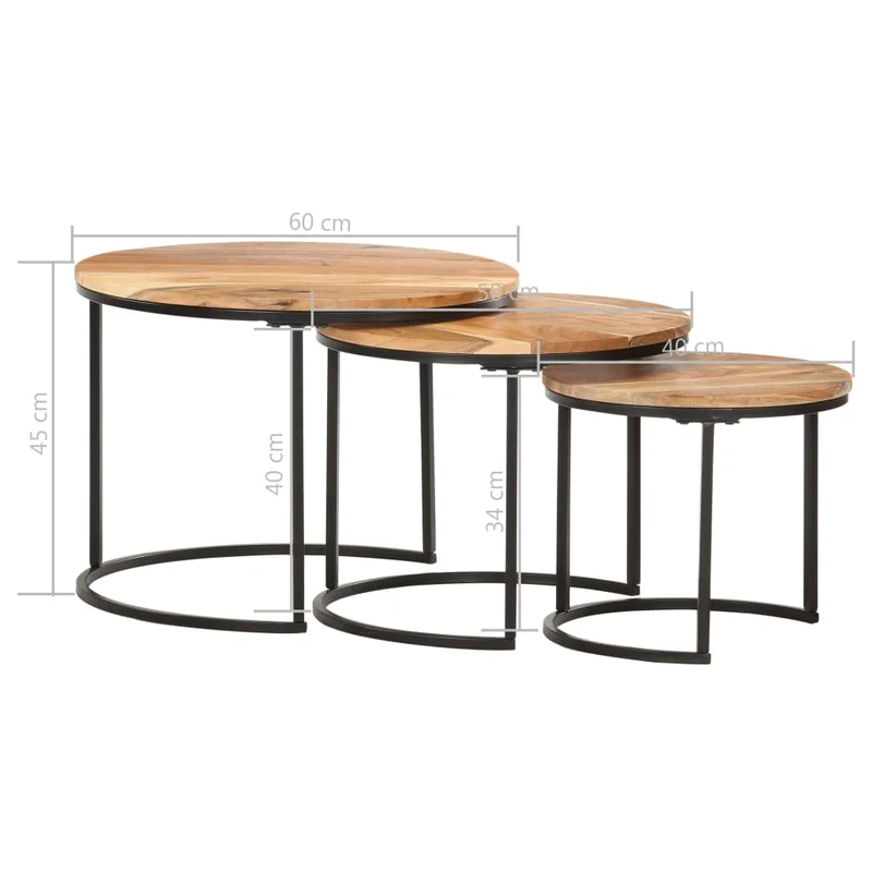Ensemble de trois tables gigognes en bois d'acacia et fer DEC031322