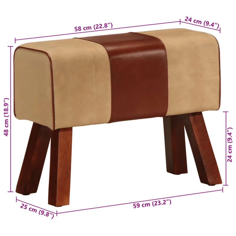 Banc saut de cheval tabouret 58 cm marron cuir véritable et manguier brun DEC025014