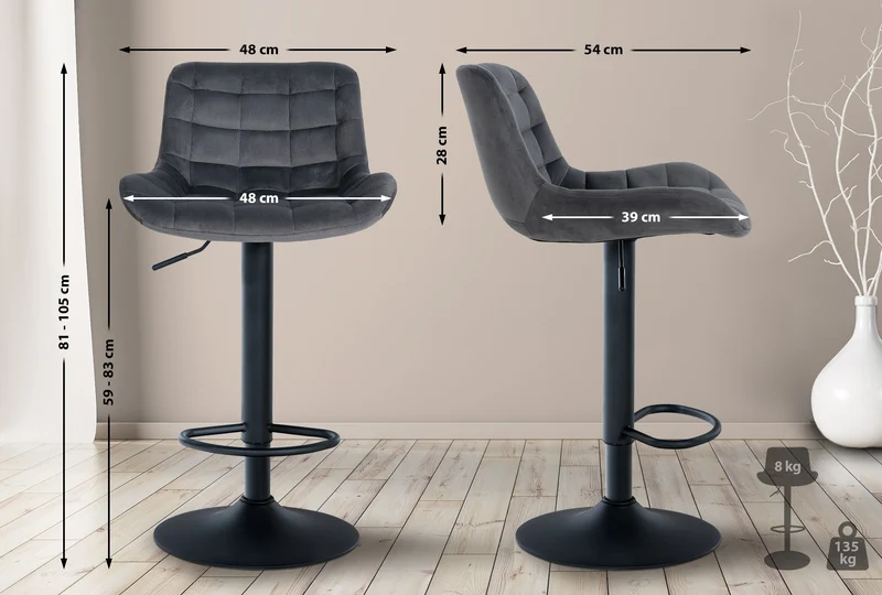 Lot de 2 tabourets de bar structure métallique noir assise en velours gris foncé avec surpiqûres 10_0004445