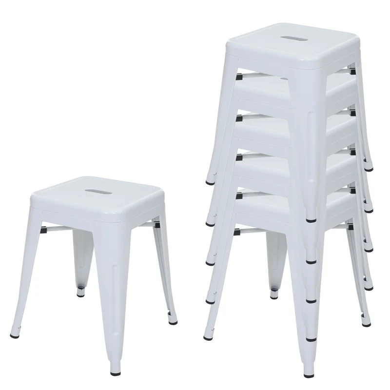 Lot de 6 tabourets bas empilables design industriel en métal blanc 04_0007802