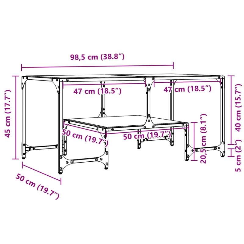 Table basse de salon design moderne avec dessus en verre transparent 98,5 x 50 x 45cm acier DEC037379