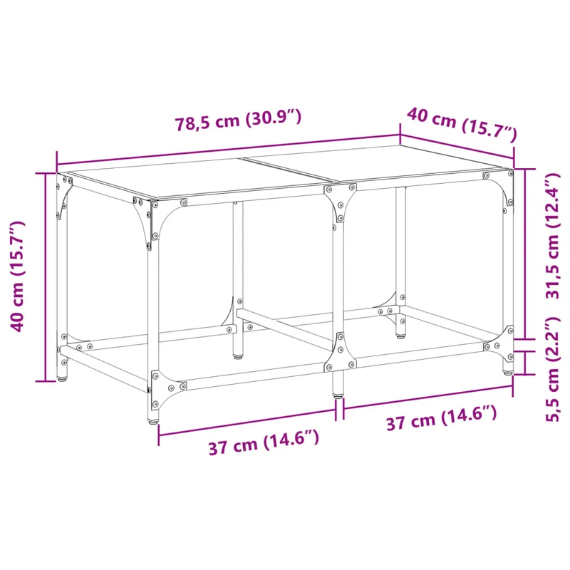 Table basse de salon design moderne avec dessus en verre transparent 78,5 x 40 x 40cm acier DEC037372