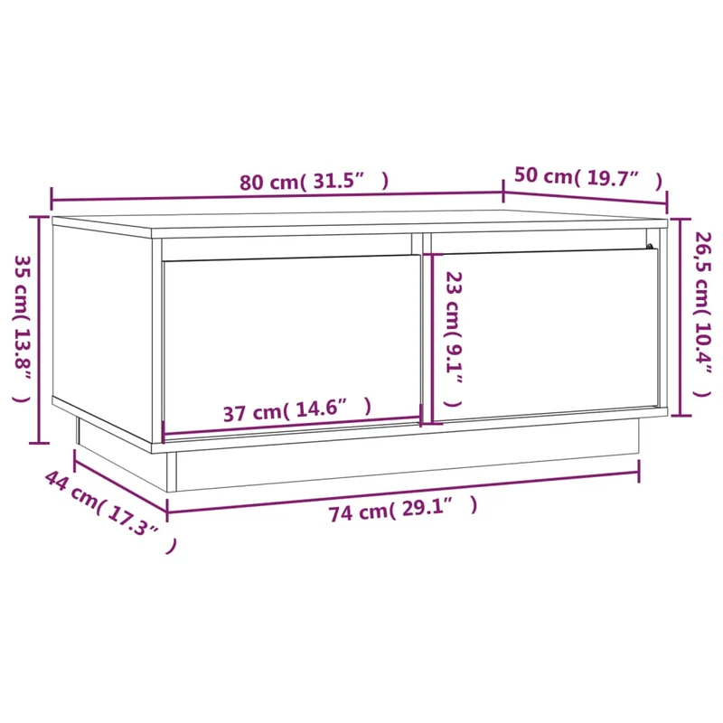 Table basse avec deux tiroirs design moderne 80 x 50 x 35 cm bois massif de pin marron DEC039496