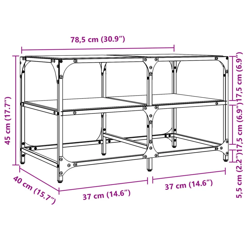 Table basse de salon design moderne avec dessus en verre transparent 78,5 x 40 x 45cm acier DEC037375