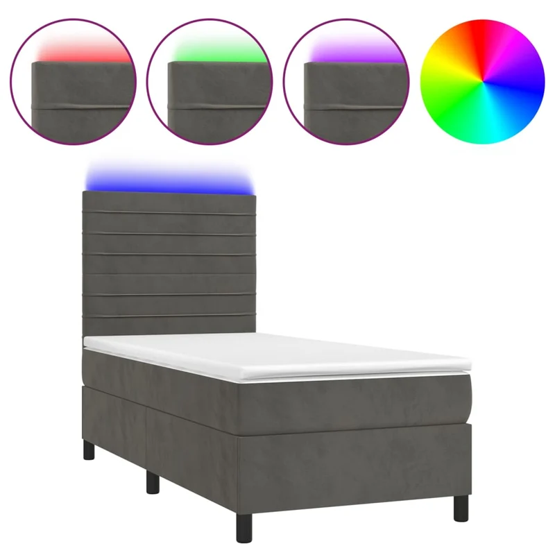 Cadre de lit LED avec sommier tête de lit matelas 90x190cm tissu velours gris foncé TDL0208256