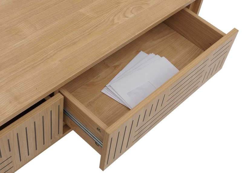 Table basse rectangulaire moderne avec 2 tiroirs et 2 espaces de rangement 40 x 120 x 60 cm en mélaminé naturel 04_0009386