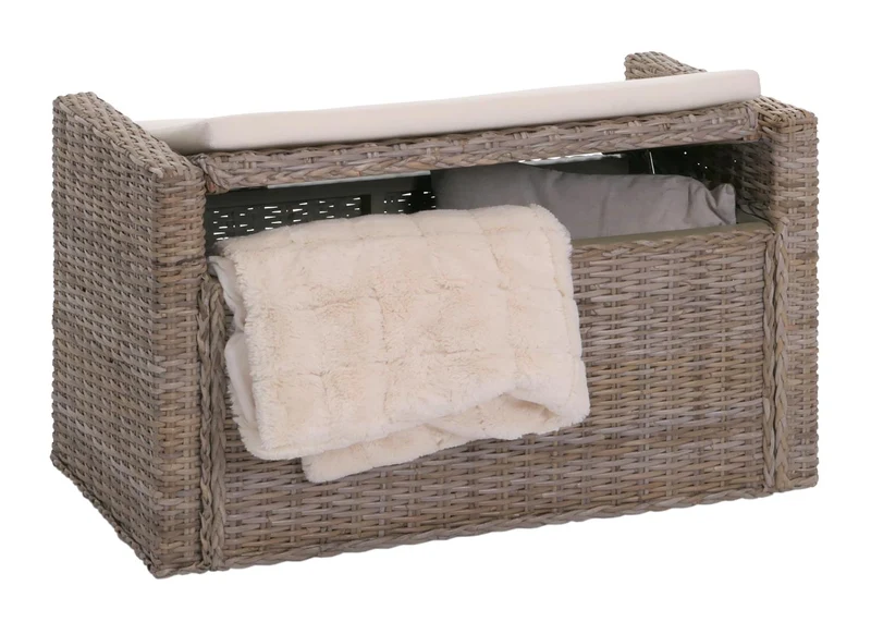 Coffre de rangement avec coussin banc coffre 88 cm en kubu rattan gris brun 04_0006459