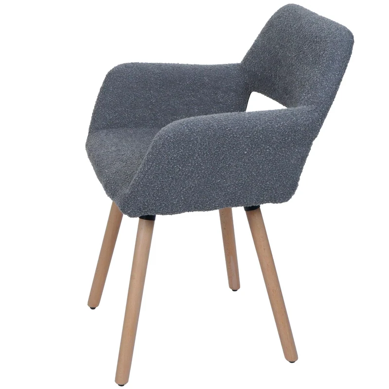 Chaise de salle à manger avec accoudoirs en tissu bouclé gris foncé pieds en bois 04_0009858