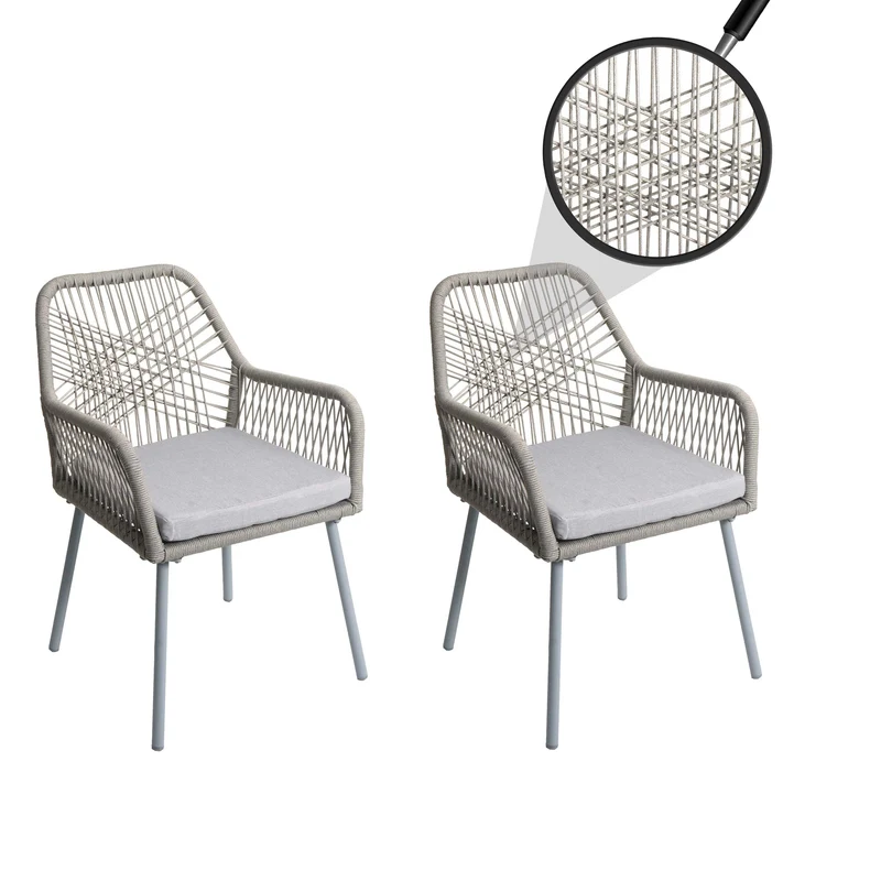 Lot de 2 chaises de jardin motif graphique aéré en aluminium gris corde tressée et coussins crème inclus 04_0009692