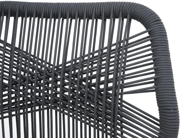 Lot de 2 tabourets de bar extérieur avec dossier cordage élastique décoratif gris foncé et repose-pieds structure acier effet bois coussins taupe 04_0009646