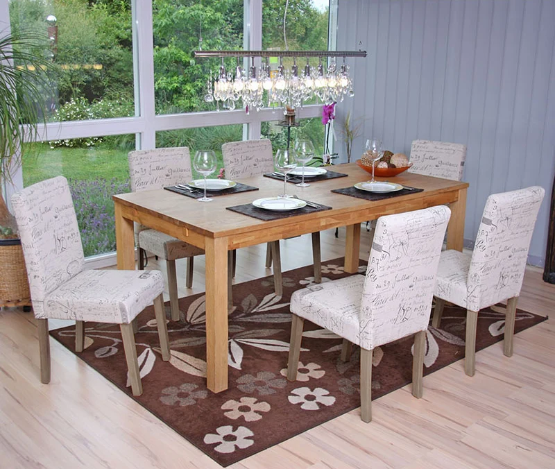 Lot de 6 chaises de salle à manger cuisine en tissu crème motif lettrage des pieds en bois clair 04_0000893