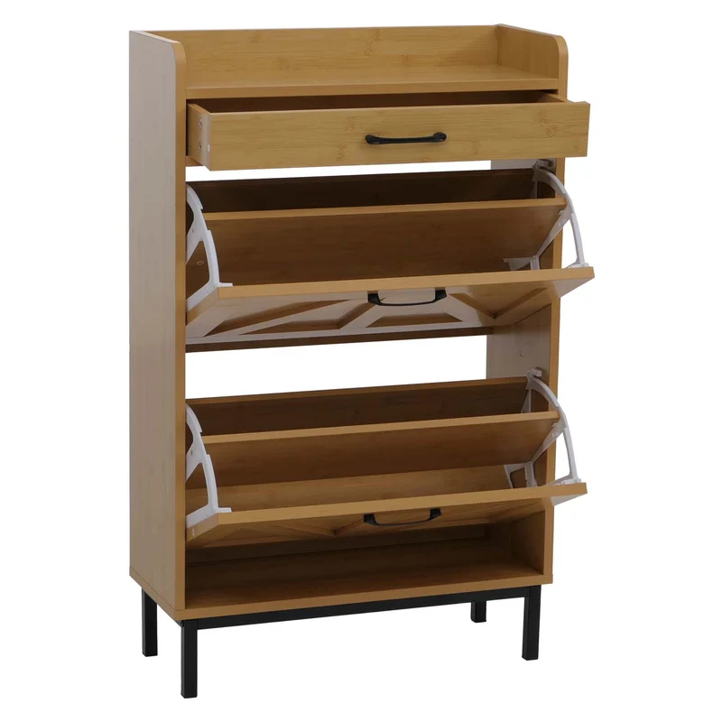 Meuble à chaussures 2 compartiments basculants + tiroir étagère intégrée 95x60x24 cm MDF finition effet bambou 04_0008855