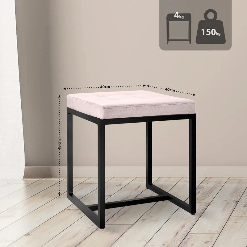 Tabouret rembourré design avec assise matelassée en velours crème et structure métal noir 10_0008408