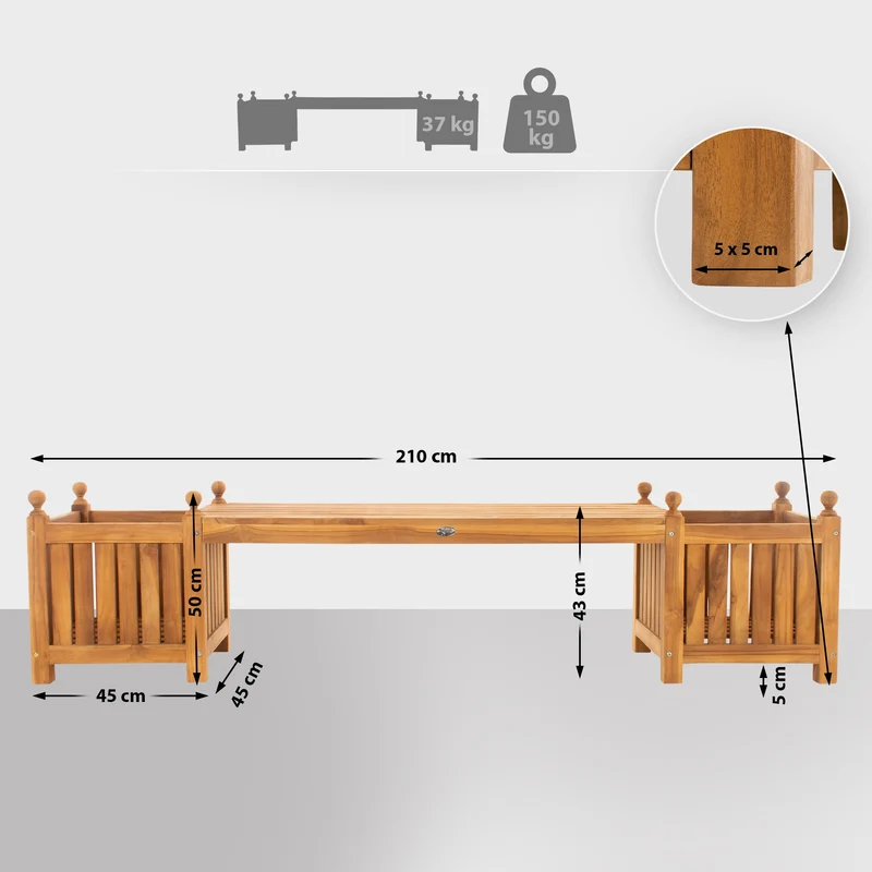 Banc de jardin 210 cm design en teck avec jardinières élégance naturelle 10_0007937