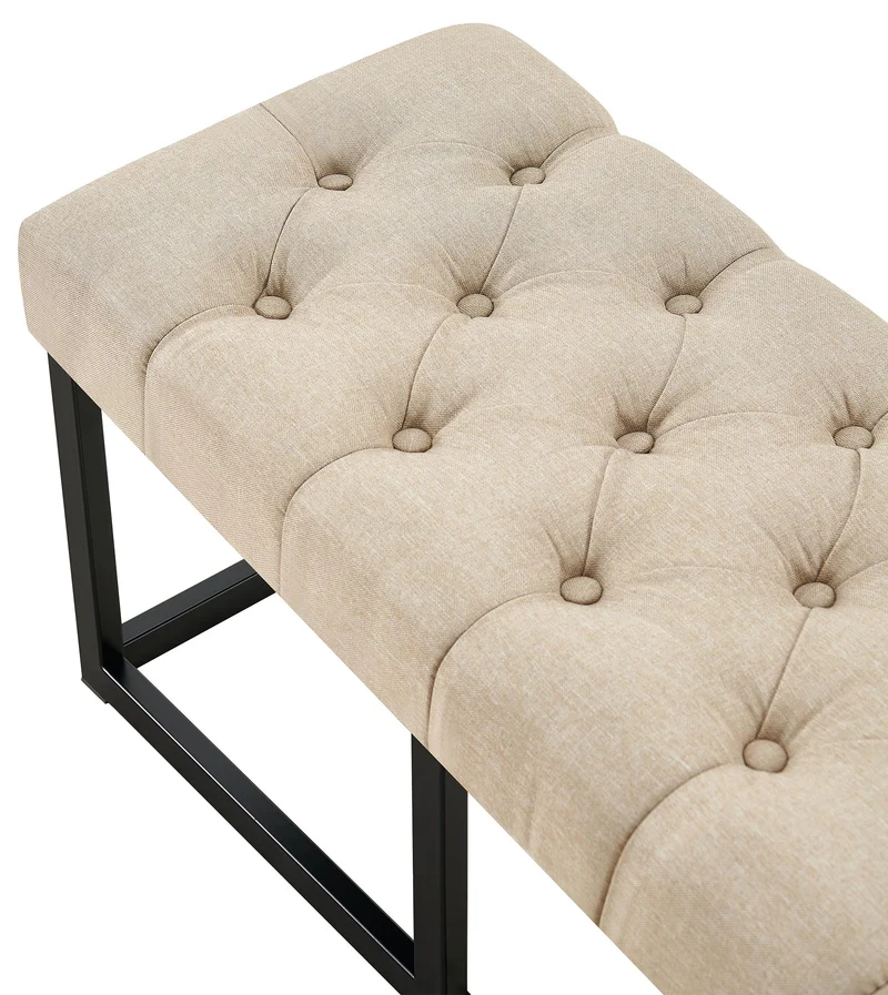 Banc capitonné rembourré 150 cm tissu taupe avec structure métal noir design contemporain 10_0008629