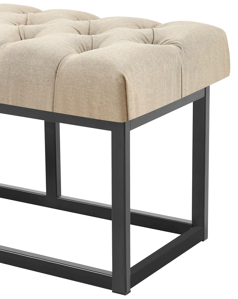 Banc capitonné rembourré 150 cm tissu taupe avec structure métal noir design contemporain 10_0008629