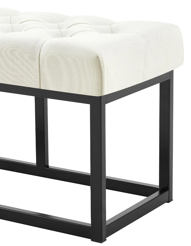 Banc capitonné rembourré 120 cm tissu crème avec structure métal noir design contemporain 10_0008460
