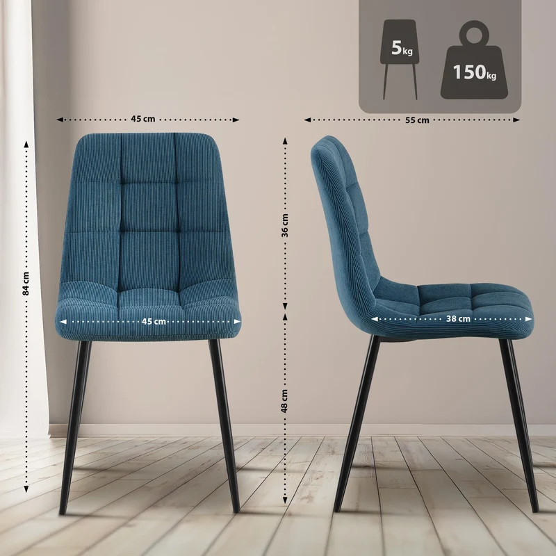 Lot de 2 chaises de salle à manger design en velours côtelé bleu à coutures carrées – Pieds métal noirs 10_0007784