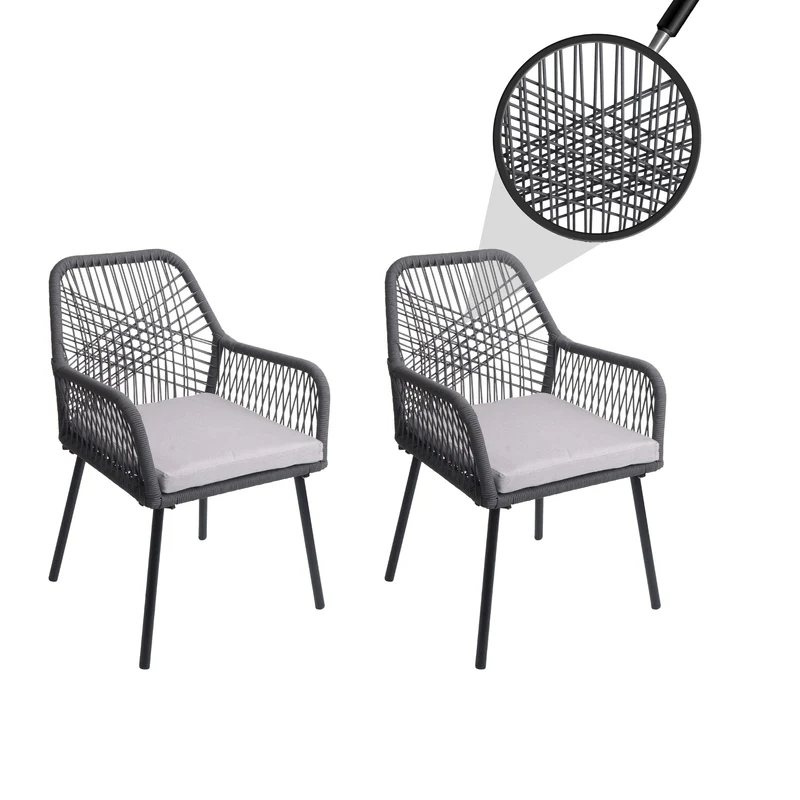Lot de 2 chaises de jardin motif graphique aéré en aluminium anthracite corde tressée et coussins gris inclus 04_0009695