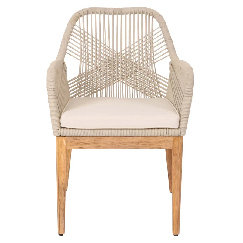 Chaise de jardin moderne résistant aux intempériese en bois d’acacia dossier arrondi en corde tressée crème coussin crème 04_0010101