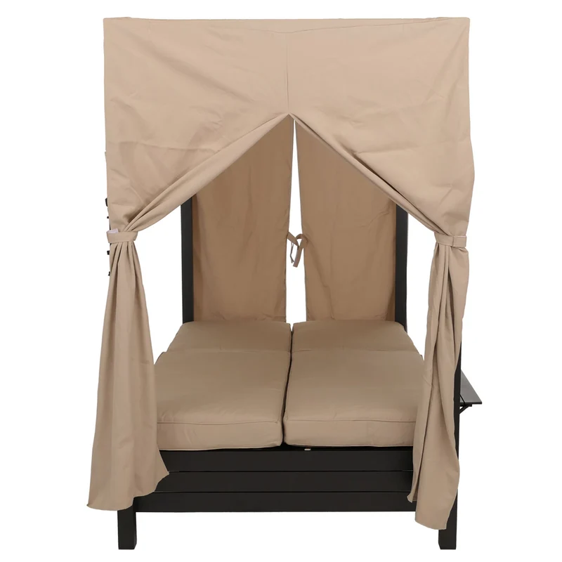 Lit de jardin double avec fonction bain de soleil avec rideaux coussin crème 10 cm en aluminium noir 04_0009741