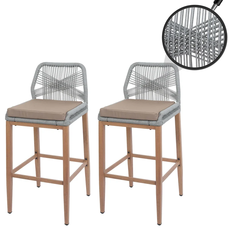Lot de 2 tabourets de bar extérieur avec dossier cordage élastique décoratif gris clair et repose-pieds structure acier effet bois coussins taupe 04_0009642