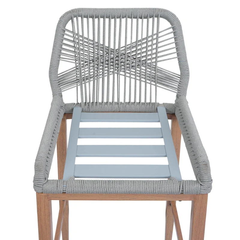 Lot de 2 tabourets de bar extérieur avec dossier cordage élastique décoratif gris clair et repose-pieds structure acier effet bois coussins taupe 04_0009642