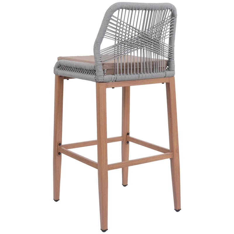 Lot de 2 tabourets de bar extérieur avec dossier cordage élastique décoratif gris clair et repose-pieds structure acier effet bois coussins taupe 04_0009642