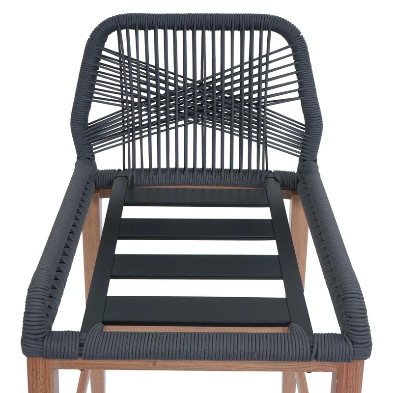 Lot de 2 tabourets de bar extérieur avec dossier cordage élastique décoratif gris foncé et repose-pieds structure acier effet bois coussins gris clair 04_0009644