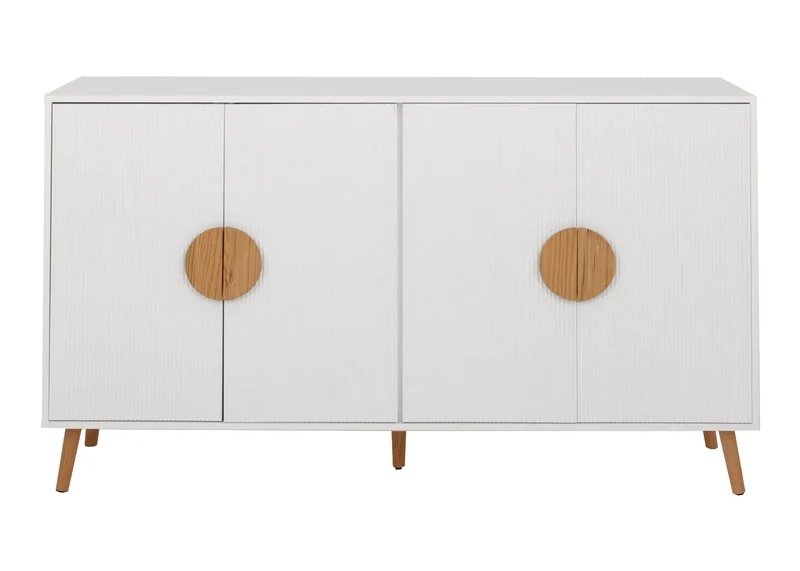 Buffet design façades 3D blanches 4 compartiments 88 x 150 x 40 cm MDF mélaminé et pieds en chêne massif 04_0009570