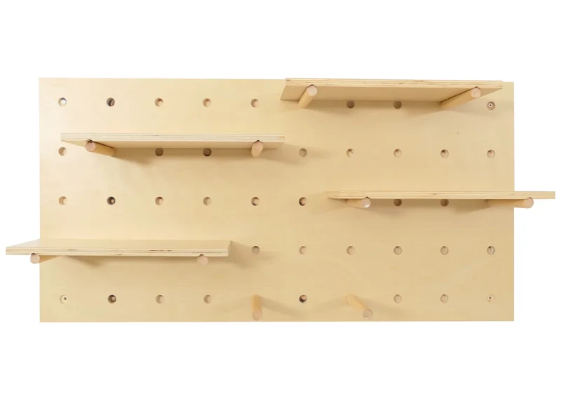 Panneau mural modulable étagère murale perforée 4 tablettes réglables 100 x 50 cm en bois naturel 04_0009084