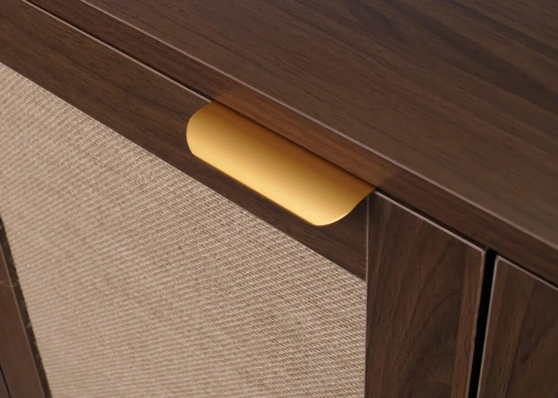 Commode avec 3 tiroirs et 2 compartiments façade effet lin 80 x 80 x 40 cm MDF mélaminé aspect noyer poignées dorées 04_0008720