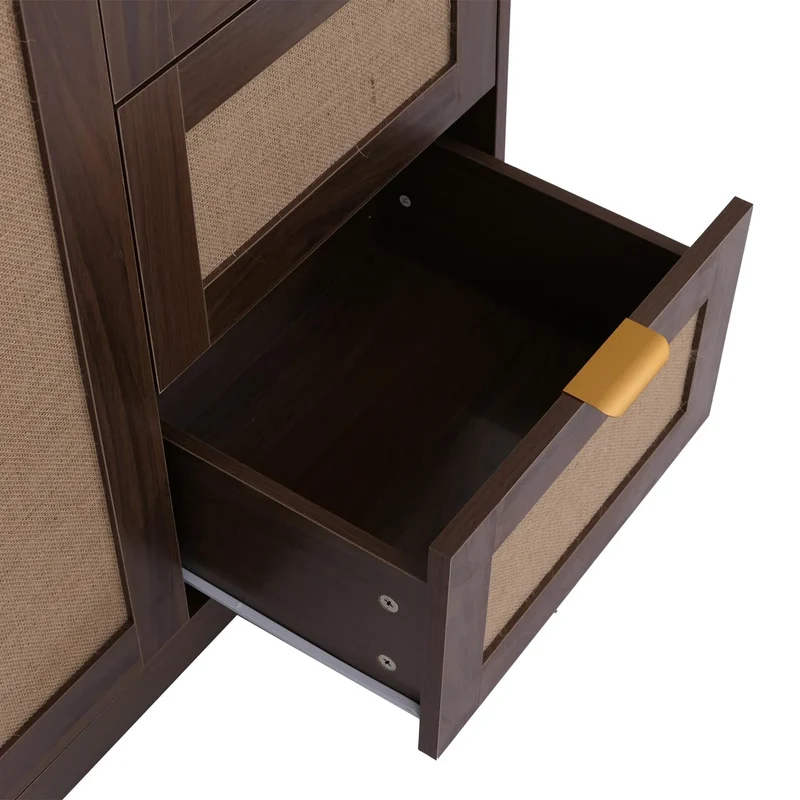 Commode avec 3 tiroirs et 2 compartiments façade effet lin 80 x 80 x 40 cm MDF mélaminé aspect noyer poignées dorées 04_0008720