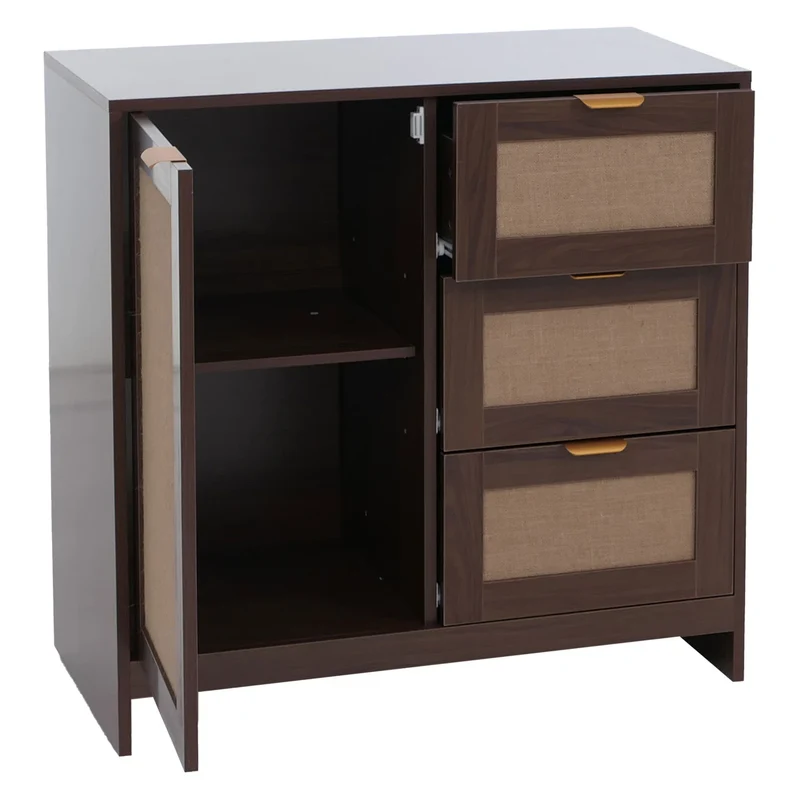 Commode avec 3 tiroirs et 2 compartiments façade effet lin 80 x 80 x 40 cm MDF mélaminé aspect noyer poignées dorées 04_0008720