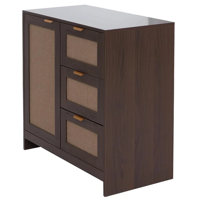 Commode avec 3 tiroirs et 2 compartiments façade effet lin 80 x 80 x 40 cm MDF mélaminé aspect noyer poignées dorées 04_0008720